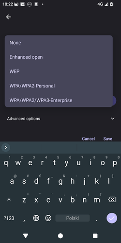 Security options when manually adding a WiFi network